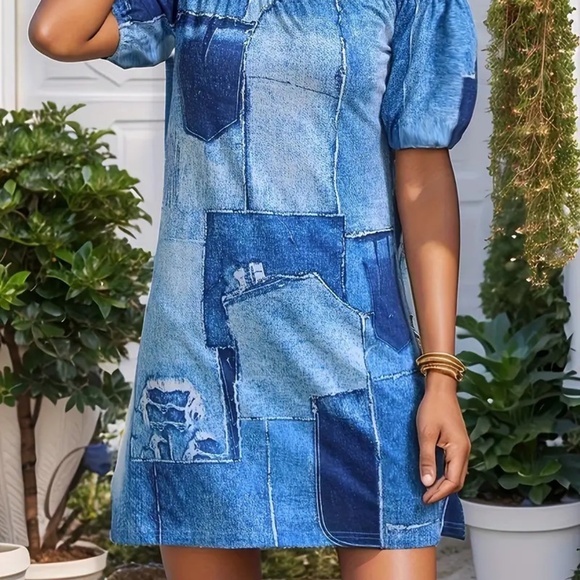 Chic Off-Shoulder Patchwork Denim Dress for Women -nwt - Picture 2 of 6